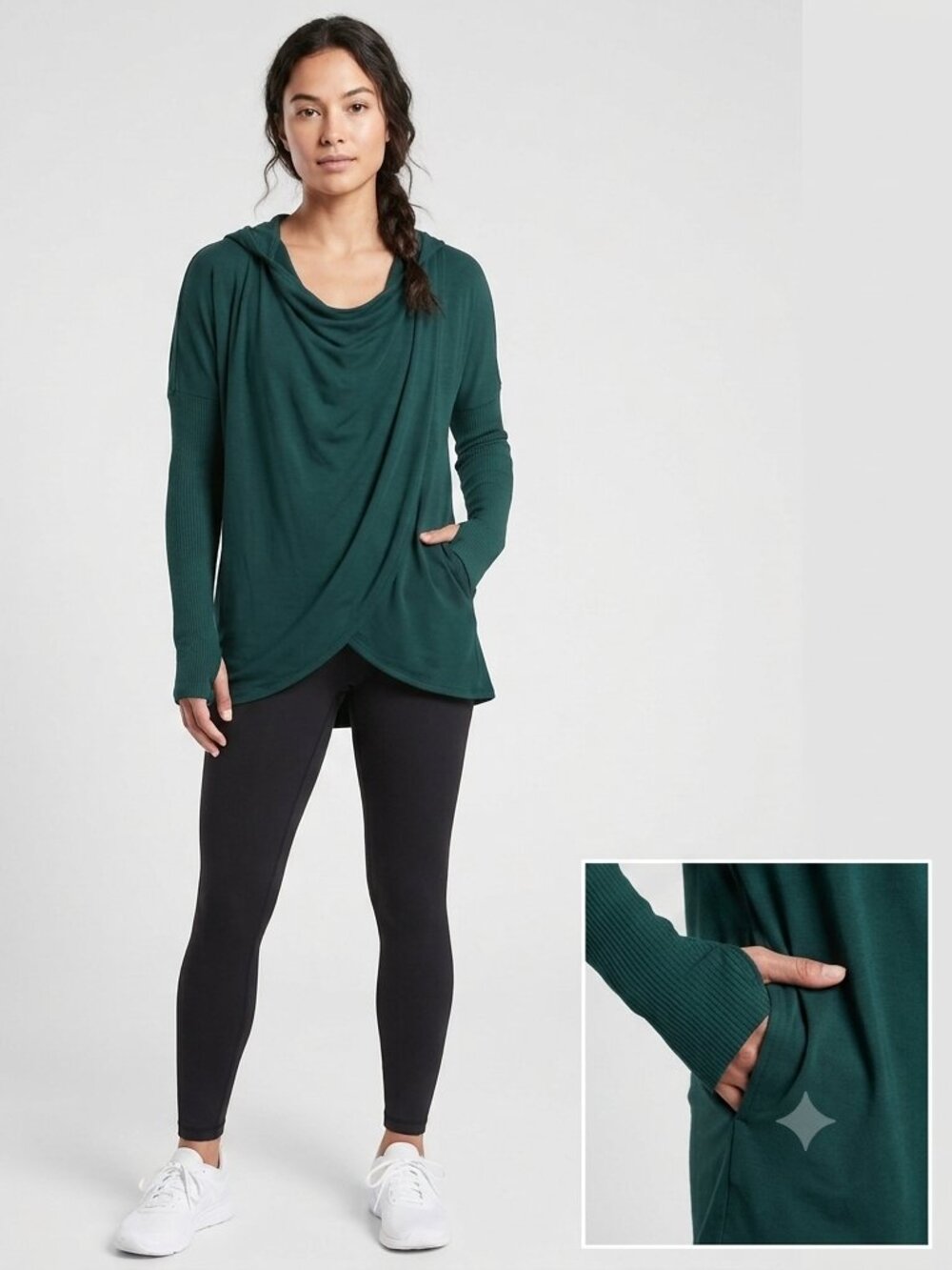 Athleta Athleisure Cozy Chic Green Purana Wrap Hoodie Thumbholes Modal Size SP